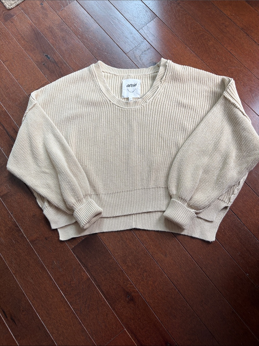 aerie Tan Cream Ribbed Cropped Crewneck Sweater